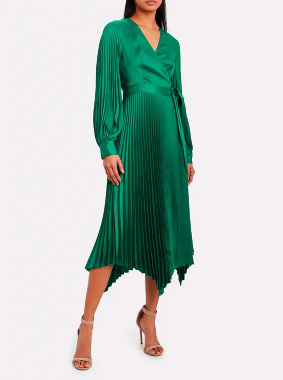 Intermix Allison Pleated Wrap Dress Womens 2 Emerald Green Satin Long Sleeve